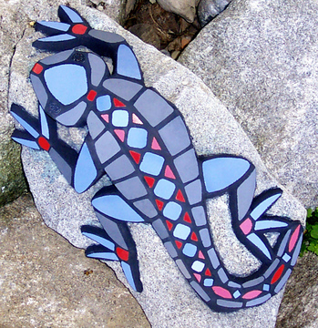 Mosaike für Garten: Mosaik : Eidechse hellblau-taubenblau-rot