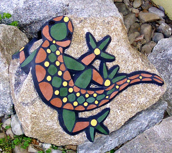 Mosaike für Garten: Mosaik : Eidechse grün-braun-gelb 
