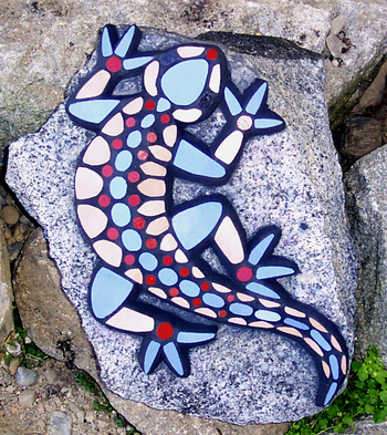 Mosaike für Garten: Mosaik : Eidechse rosa-rot-hellblau