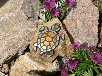 Mosaike für Garten: Schildkröte-klein-gold/grün