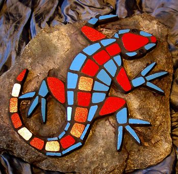 Mosaike für Garten: Mosaik : Eidechse rot-blau