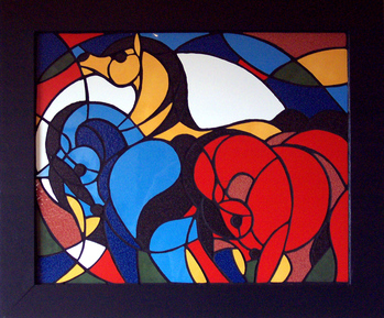 Mosaik-Gemälde: Mosaikkunst: Omage an Franz Marc: Kleine,bunte Pferde